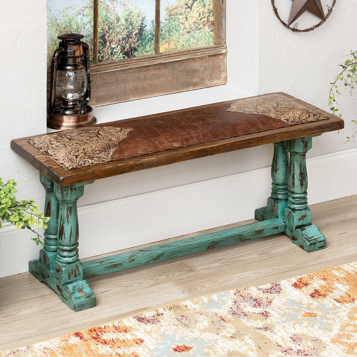 Turquoise Bench Turquoise Creek Tooled Leather Bench | Black Forest Decor