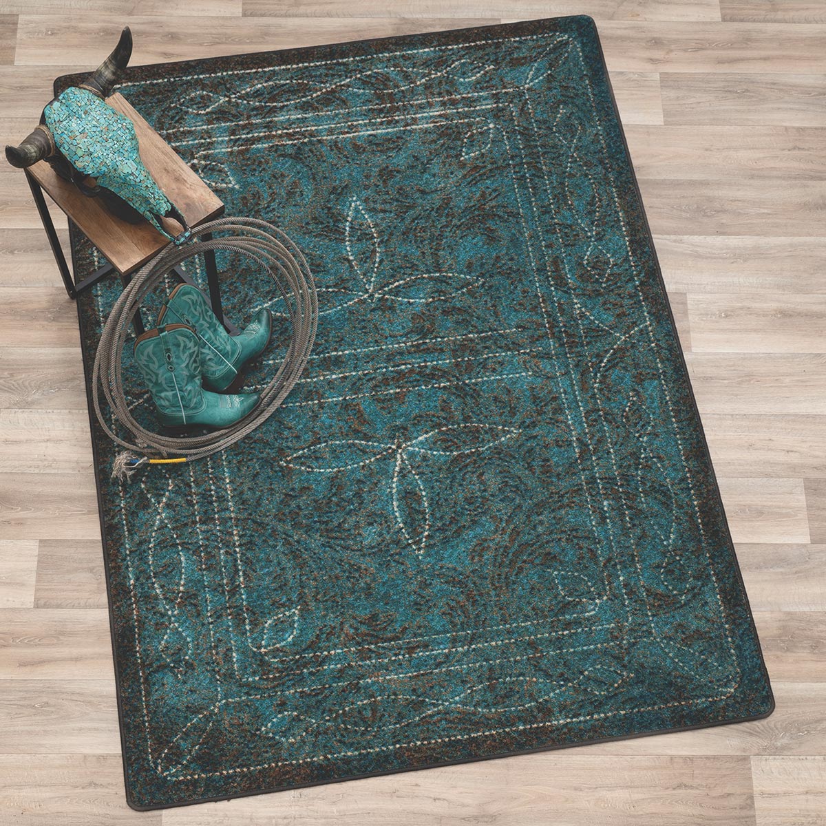 Western Boot Stitched Turquoise Rug - 4 x 5