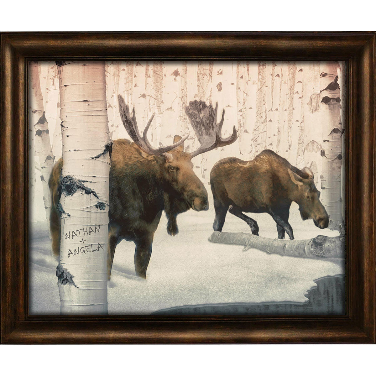 Birch Winter Moose Couple Personalized Framed Canvas - Large