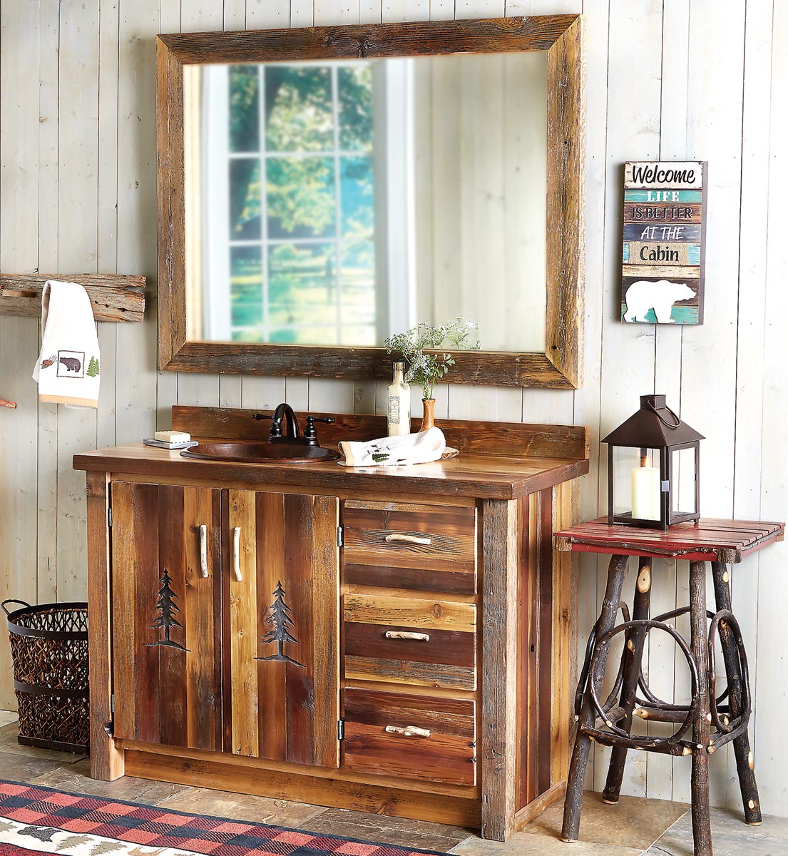 Barnwood Vanity with Carved Tree Design with Mirror - 48 Inch