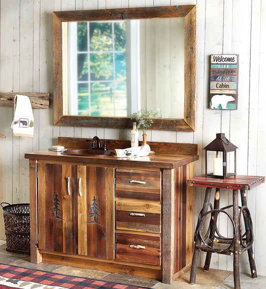 Barnwood Vanity with Carved Tree Design with Mirror - 48 Inch