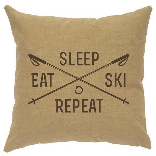 Sleep Eat Ski Repeat Linen Pillow - Straw
