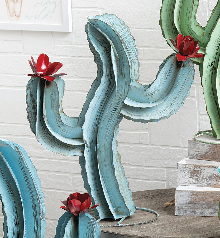 Blooming Cactus Blue Metal Sculpture - Medium
