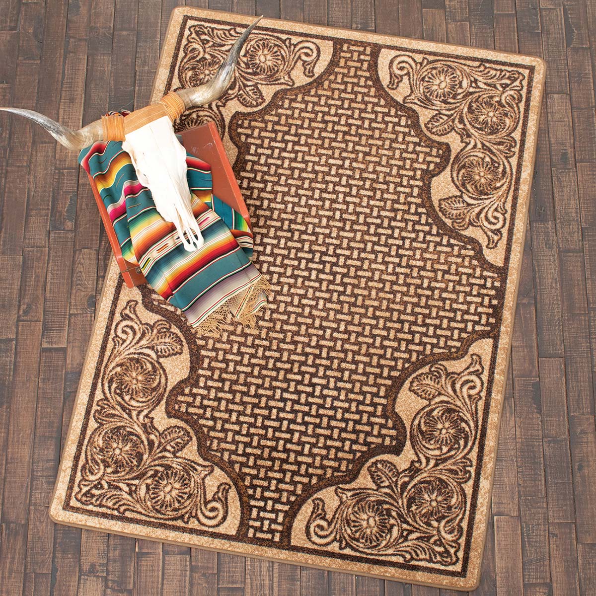 Tooled Leather Scroll & Weave Rug - 4 x 5
