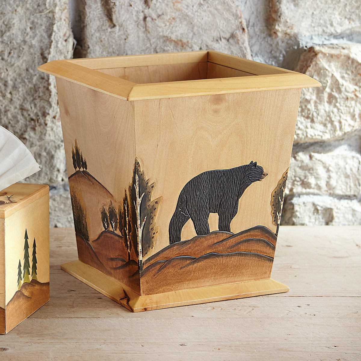 Wood Black Bear Waste Basket