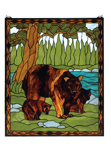 Bear and Cubs Spring Woods Stained Glass Window