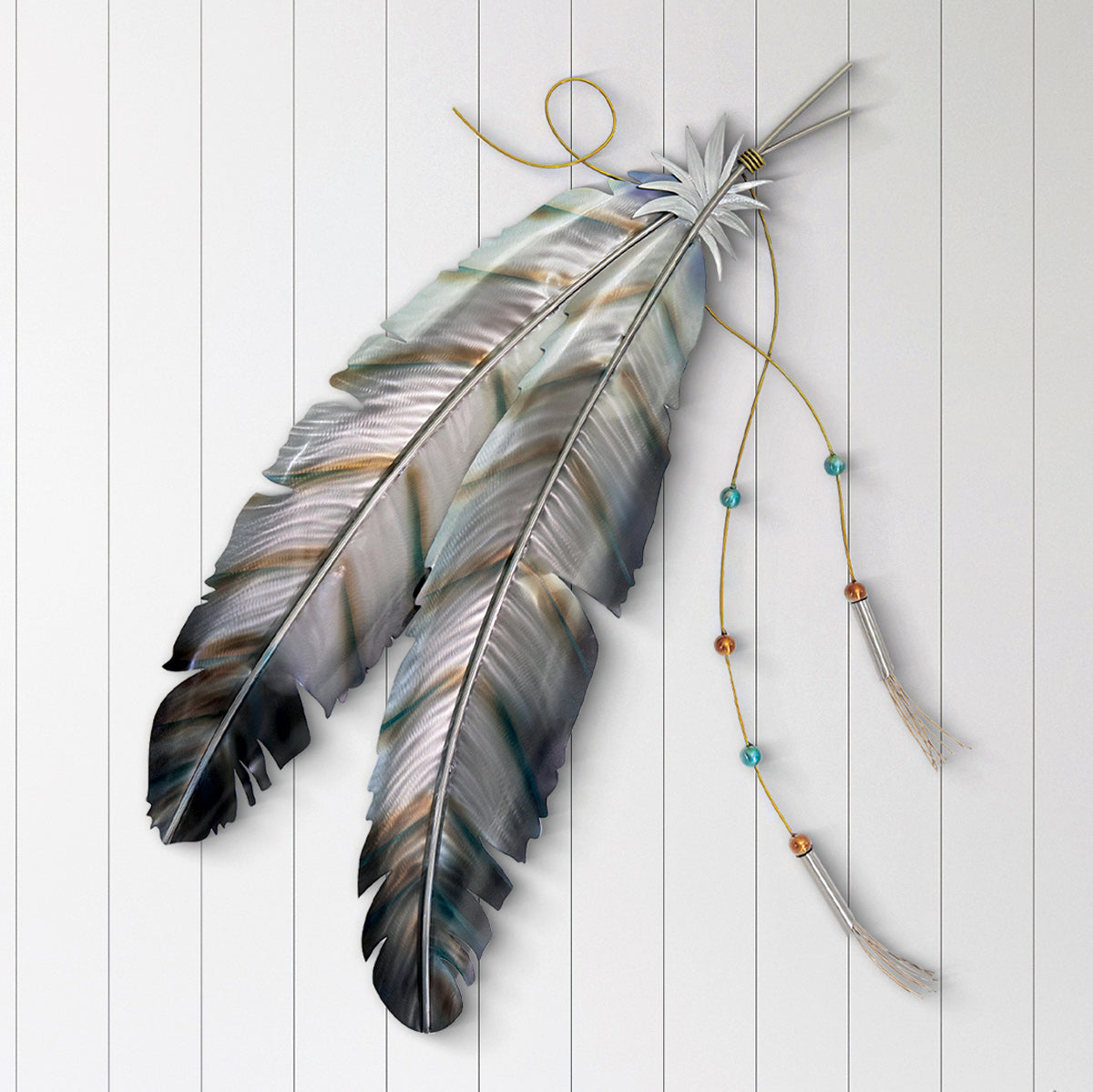 Beaded Feathers Metal Wall Art