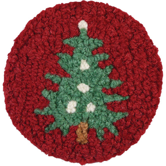 Christmas Tree on Red Hooked Wool Coasters - Set of 4