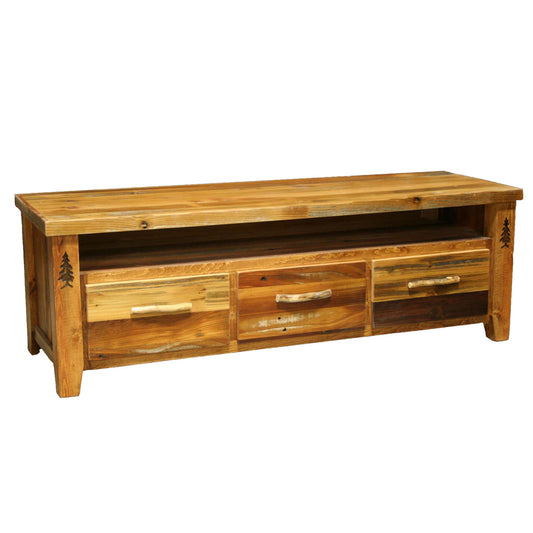Barnwood 3 Drawer TV Stand with Tree Carving