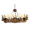 Small Stag Head 7-Light Chandelier - Feather Pattern Shades