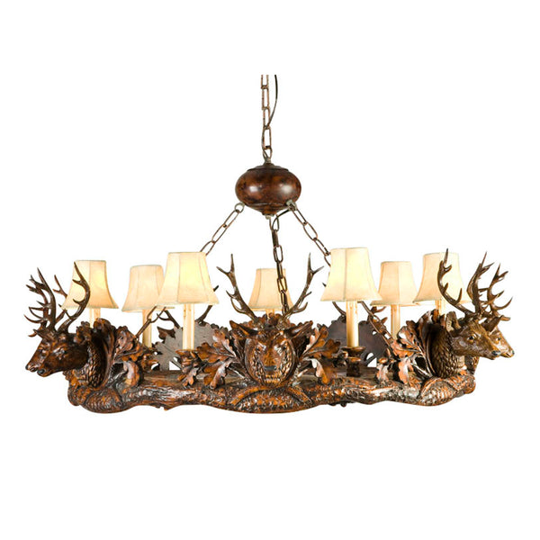 Small Stag Head 7-Light Chandelier - Feather Pattern Shades