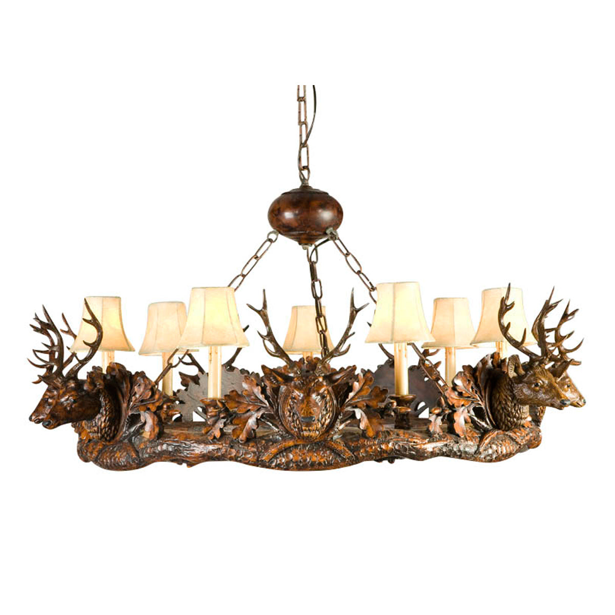 Small Stag Head 7-Light Chandelier - Feather Pattern Shades