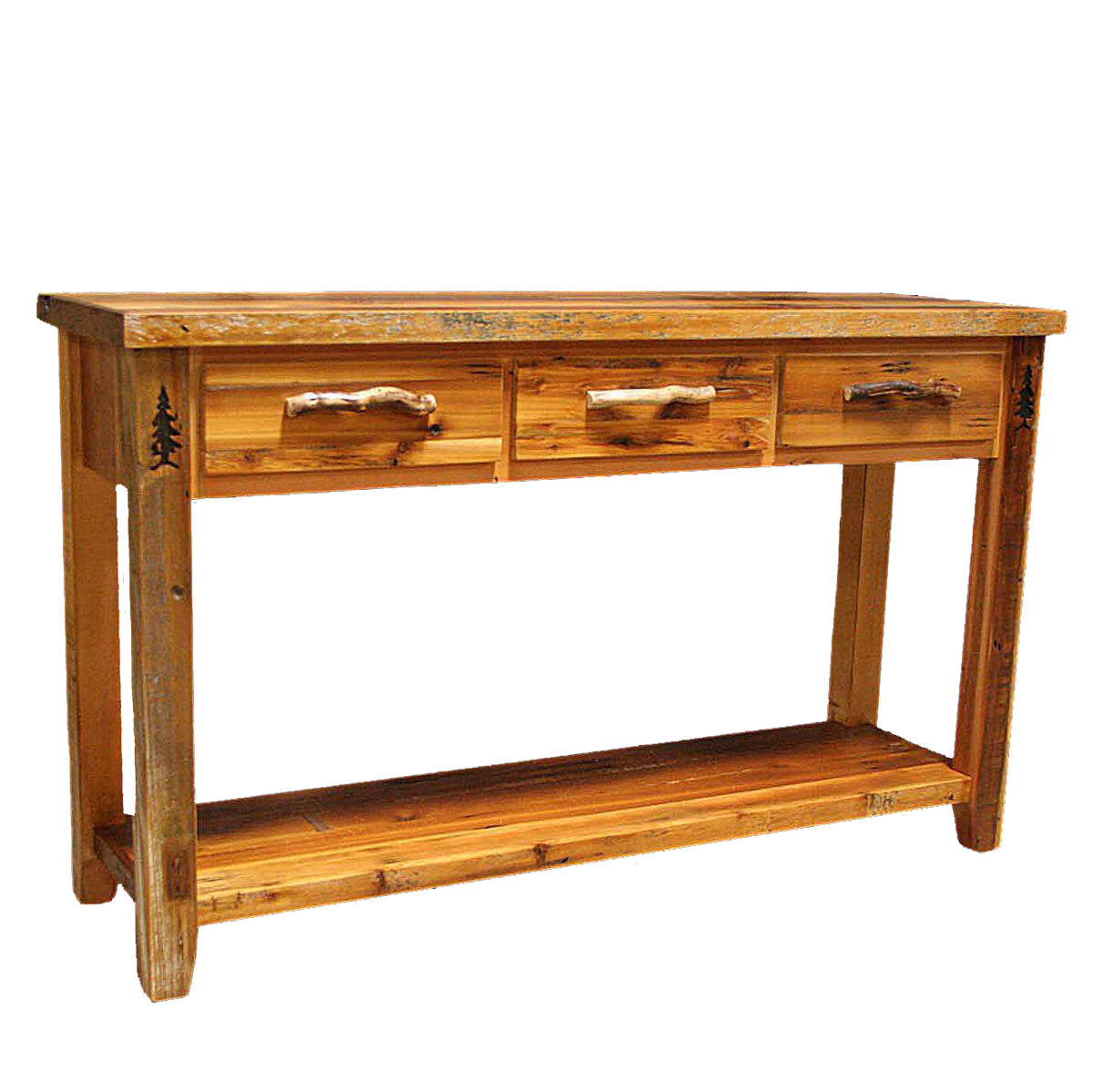 Barnwood 3 Drawer Sofa Table with Shelf with Tree Carving