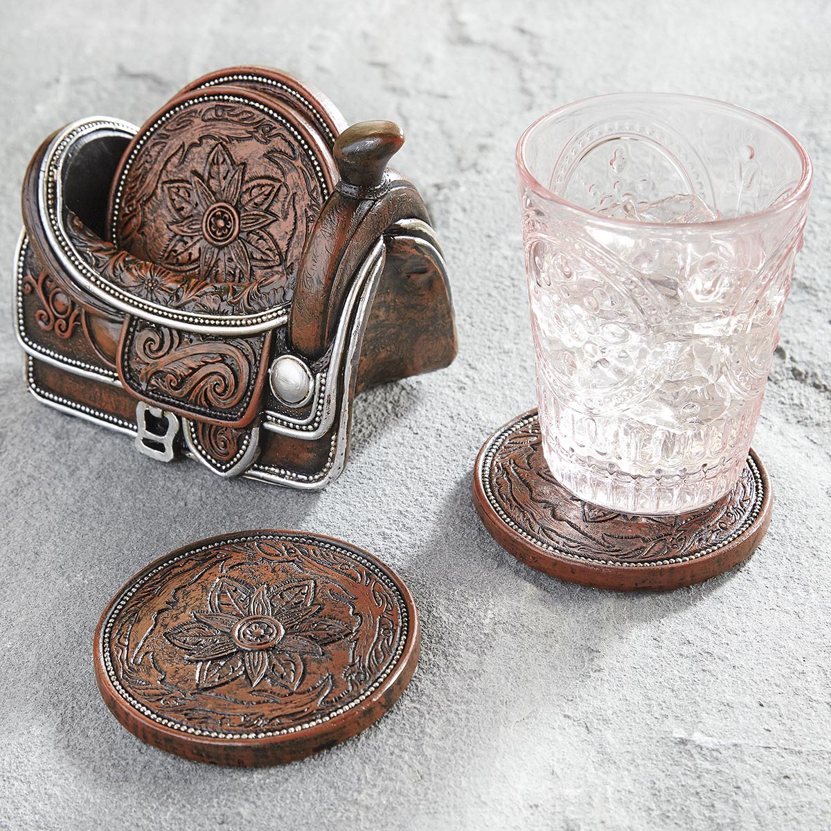 Tooled Leather Saddle Coaster Set with Holder