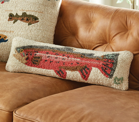 Colorful Trout Hooked Wool Pillow