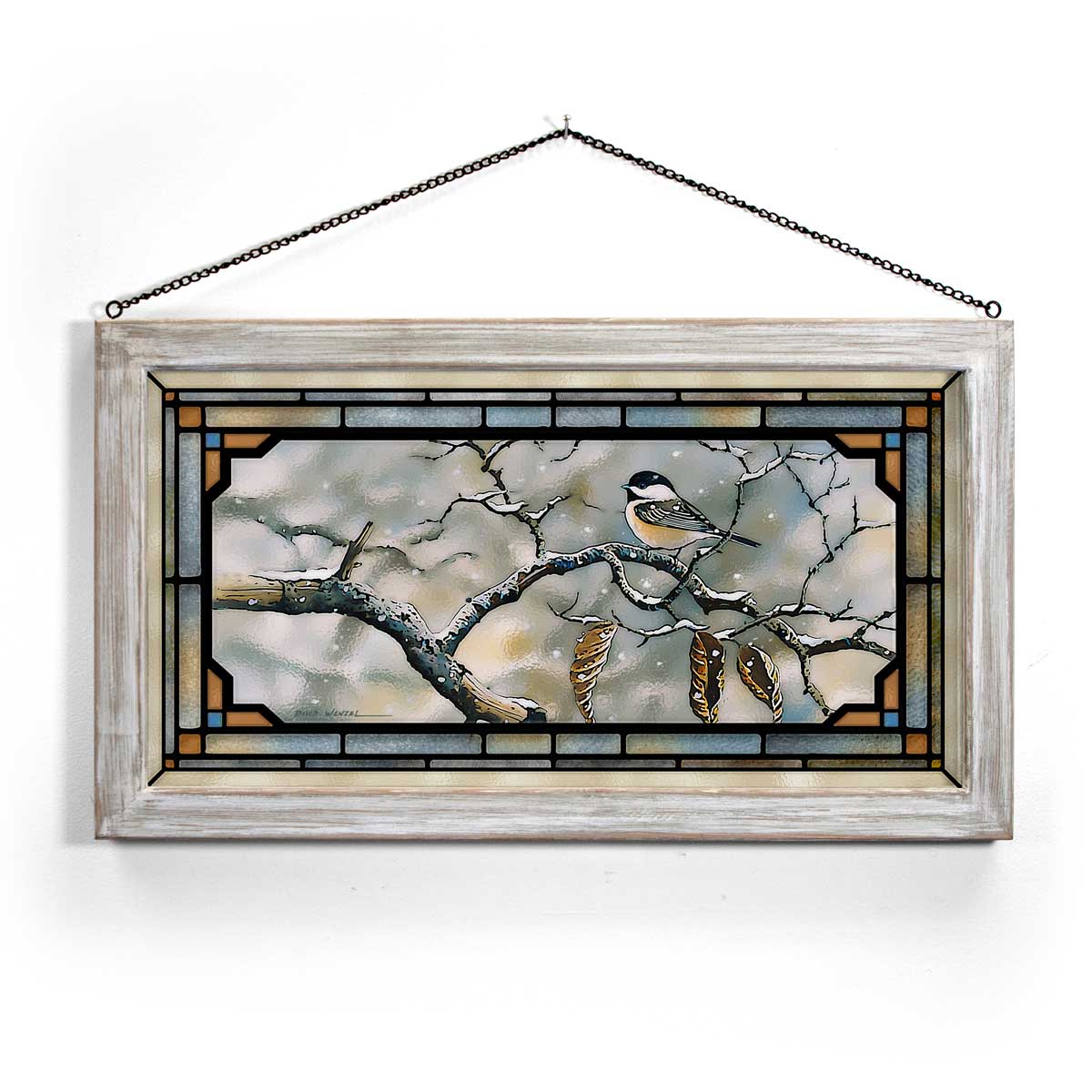 Winter Chickadee Stained Glass Art with White Frame