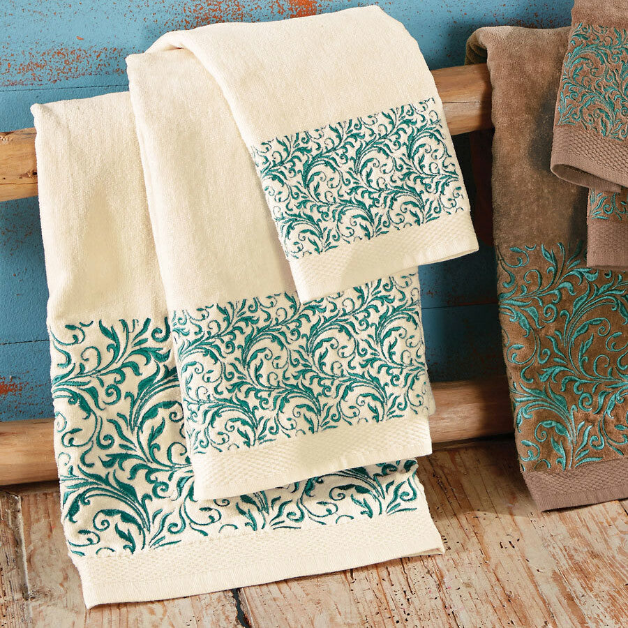 Western Scroll Turquoise Towel Set - Cream - OUT OF STOCK UNTIL 08/12/2026