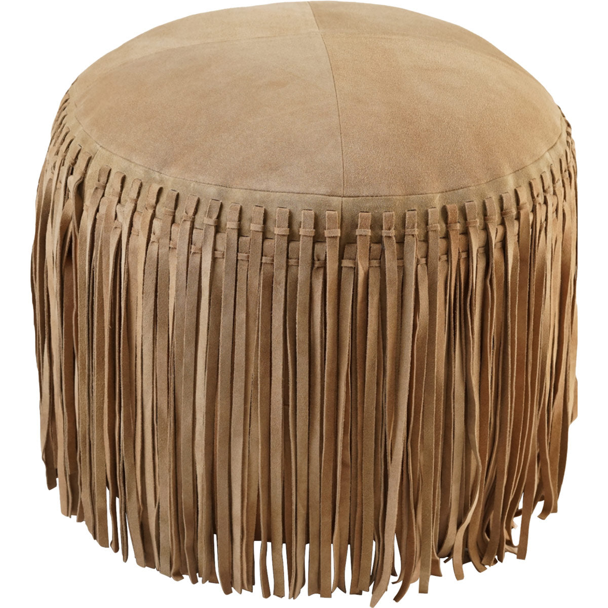 Cheyenne Fringed Leather Pouf - Khaki