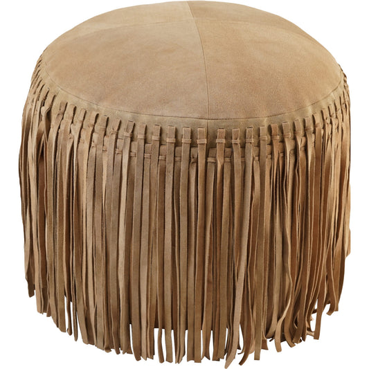 Cheyenne Fringed Leather Pouf - Khaki