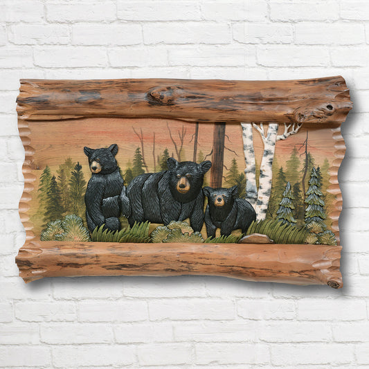 Bear Family Carved Wood Wall Art