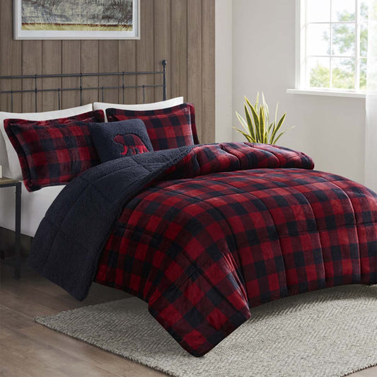 Red Plaid Sherpa Comforter Set - Full/Queen - OVERSTOCK