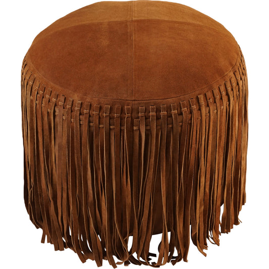 Cheyenne Fringed Leather Pouf - Cognac
