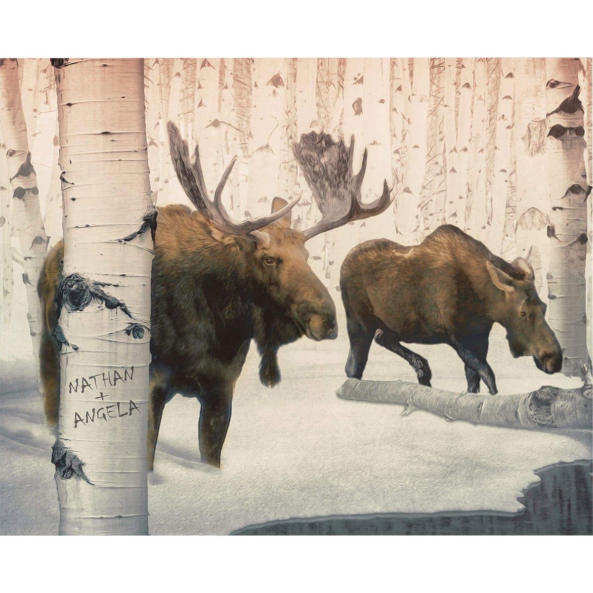 Birch Winter Moose Couple Personalized Stretched Canvas - Large