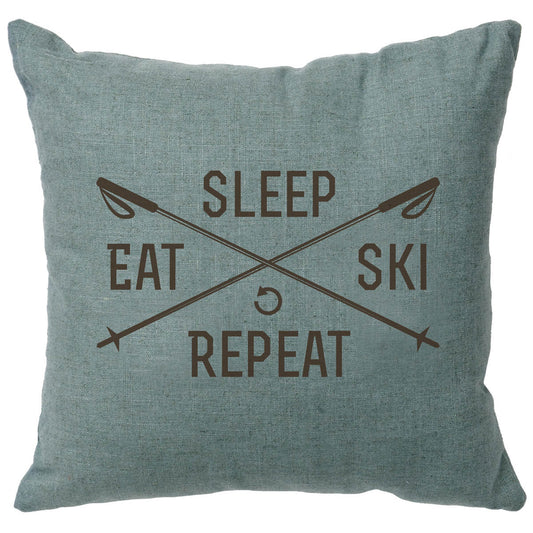 Sleep Eat Ski Repeat Linen Pillow - Ocean