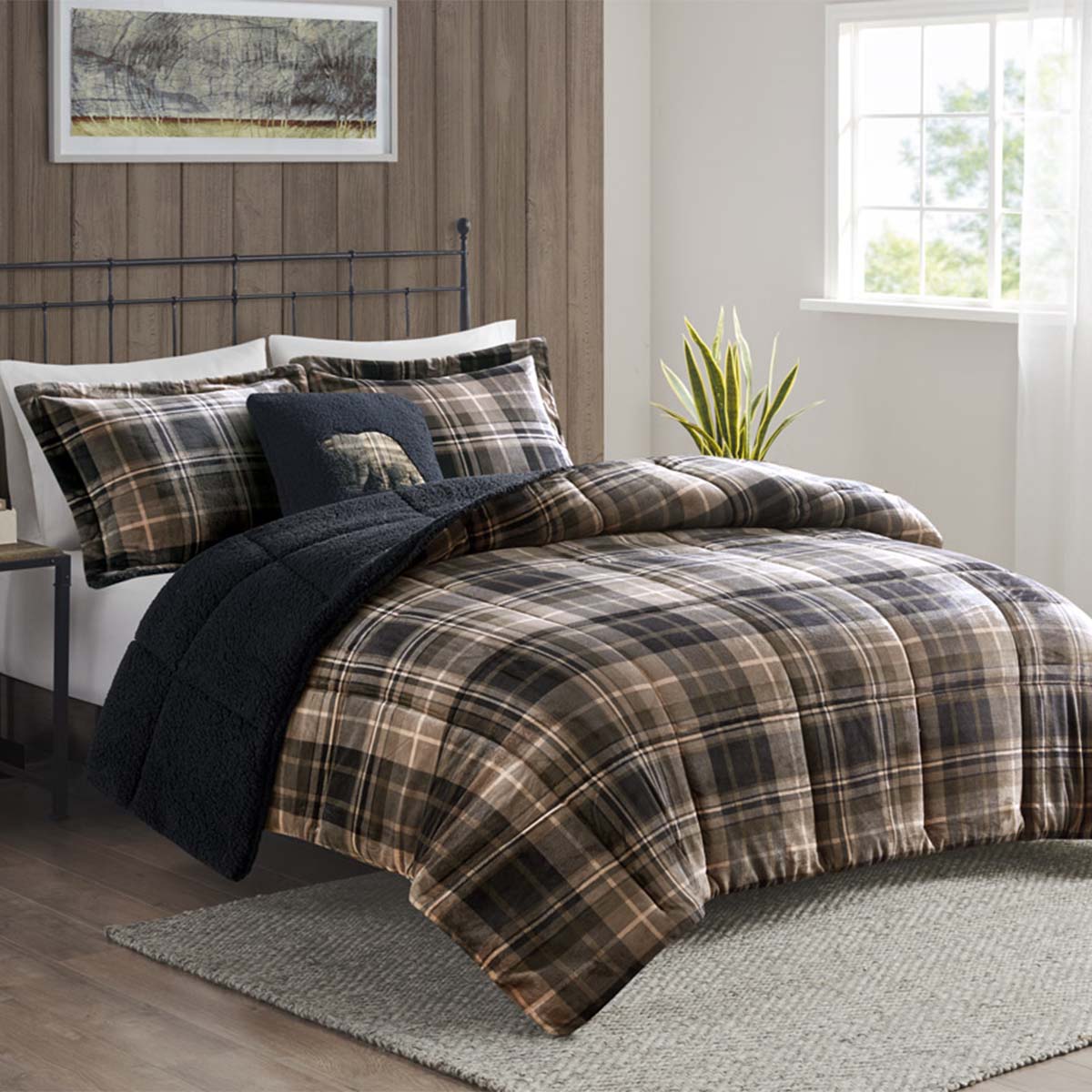 Brown Plaid Sherpa Comforter Set - King