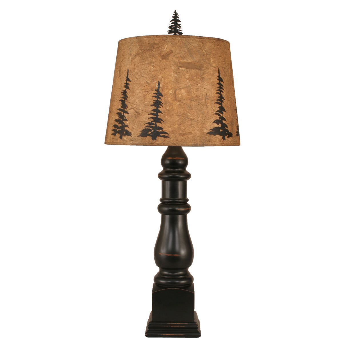 Distressed Black Post Table Lamp with Pine Tree Shade