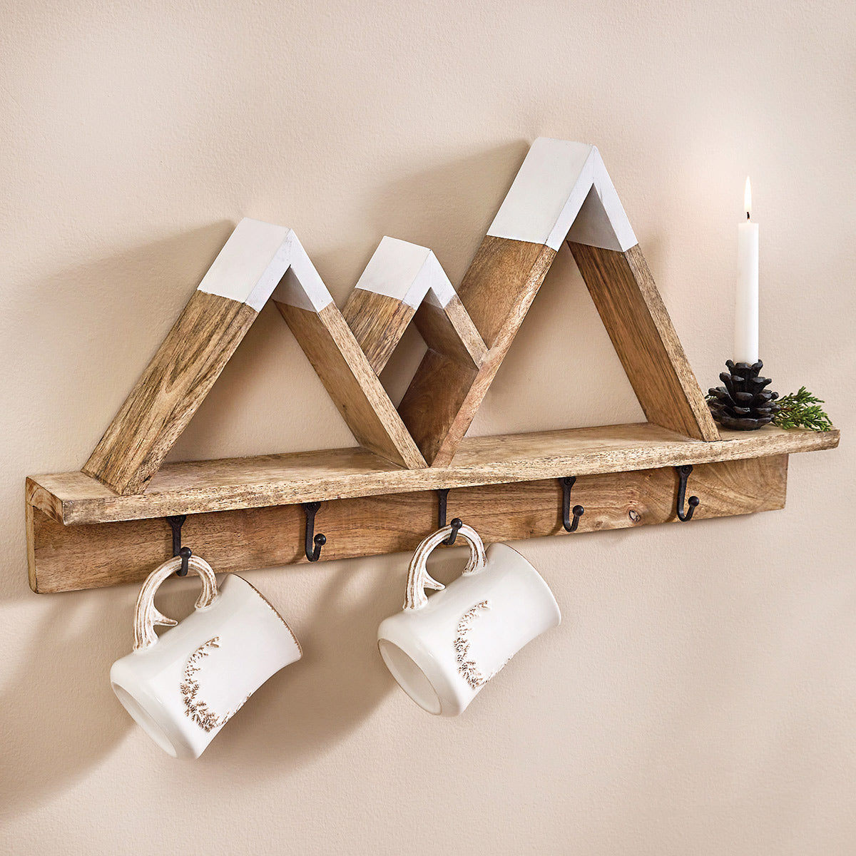 Mountain Peak Wall Shelf with Hooks - OVERSTOCK