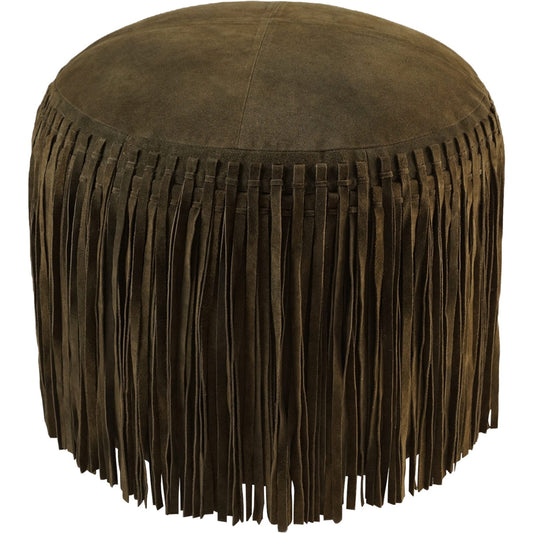 Cheyenne Fringed Leather Pouf - Forest Green