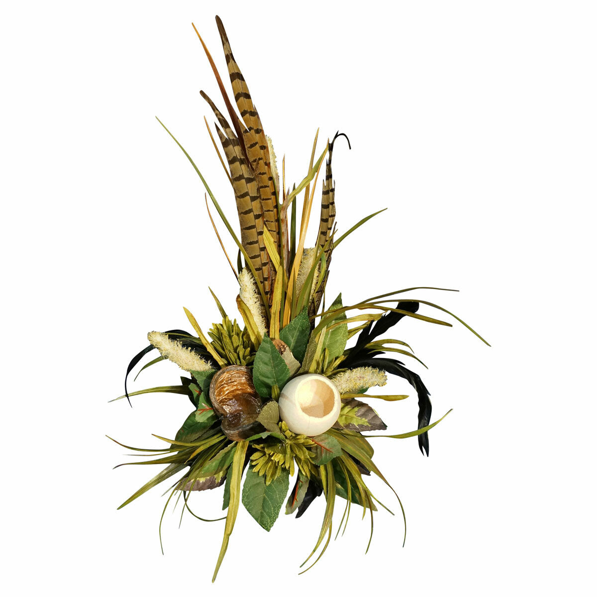 Pod and Greenery Arrangement with Feathers on Tile
