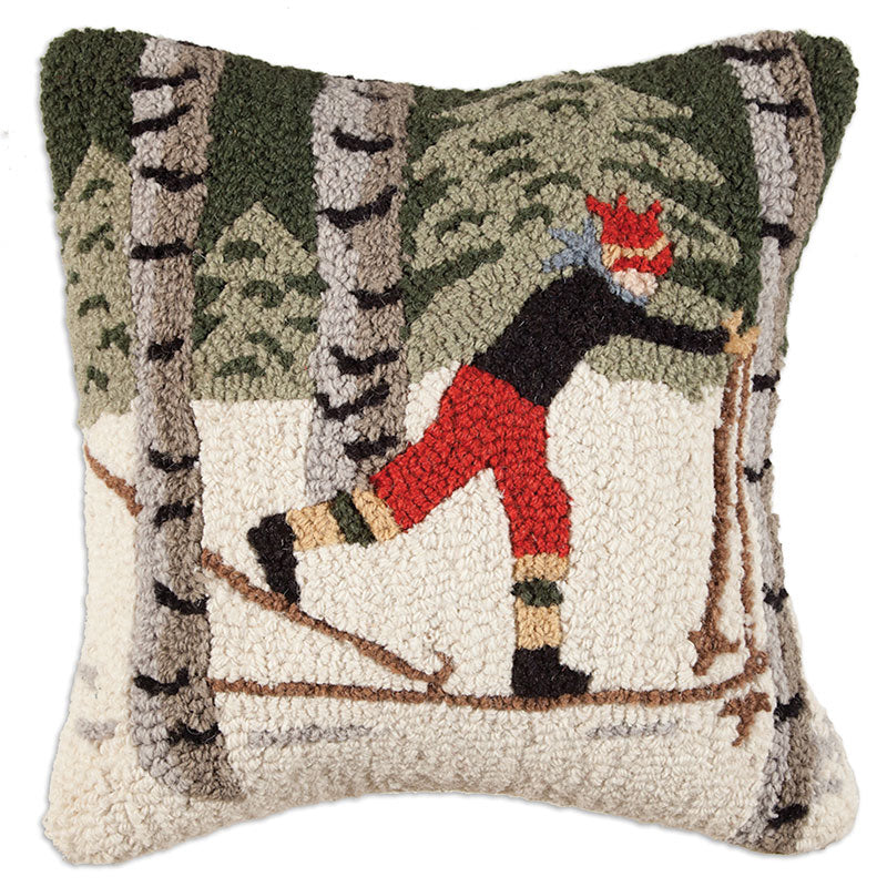 Snowy Skier Hooked Wool Pillow - OVERSTOCK