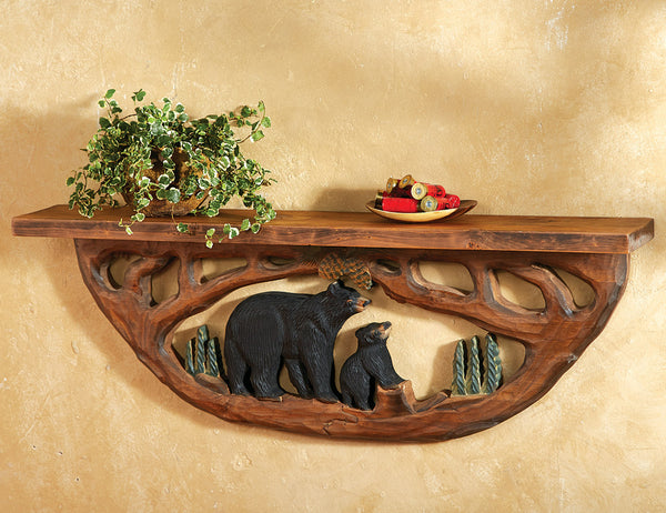 Carved Wood Bear Family Wall Shelf