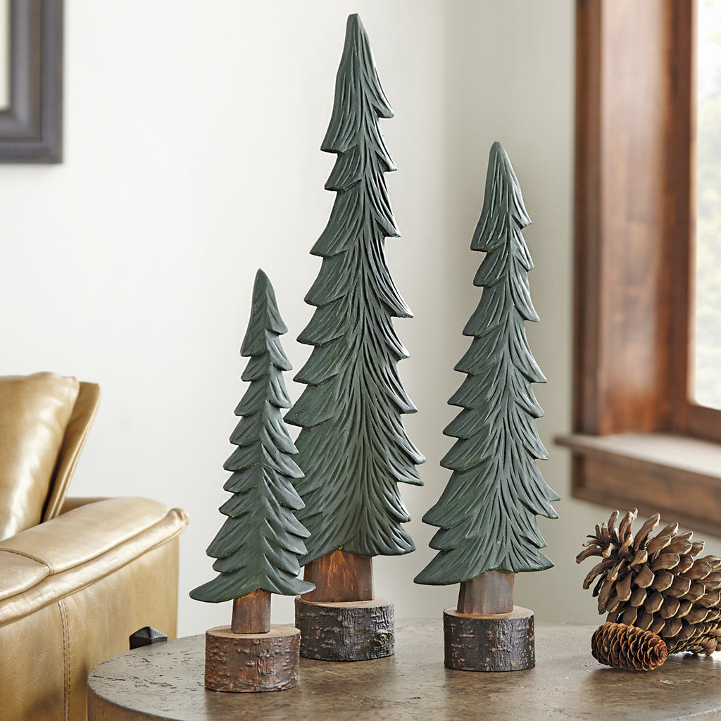 Wood Carved Pine Trees - Set of 3