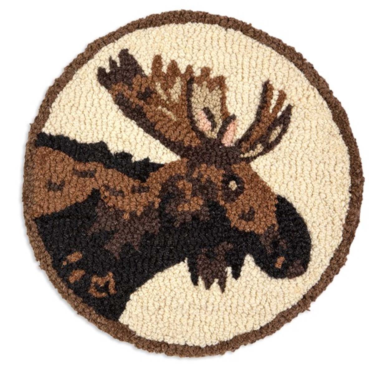 Moose Portrait Hooked Wool Chair Pad - Set of 2