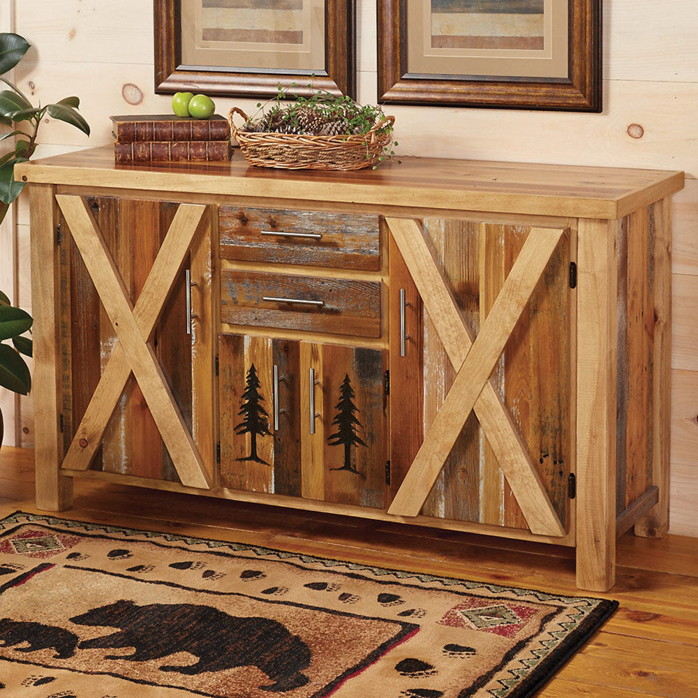 Barnwood Carved Pine Tree Cabinet