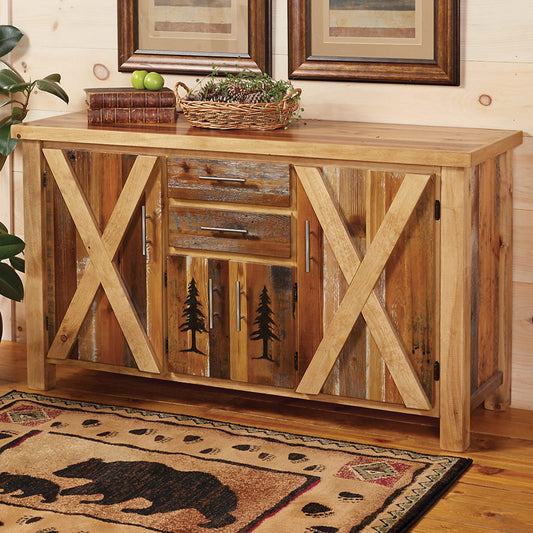 Barnwood Carved Pine Tree Cabinet