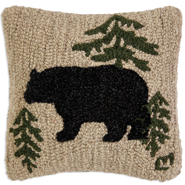 Black Bear Journey Hooked Wool Pillow