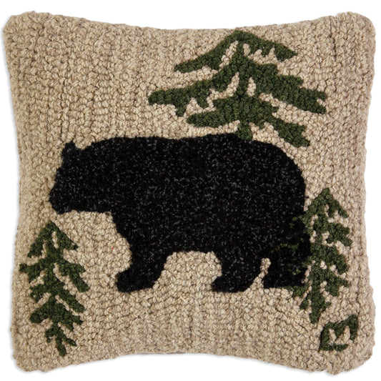 Black Bear Journey Hooked Wool Pillow