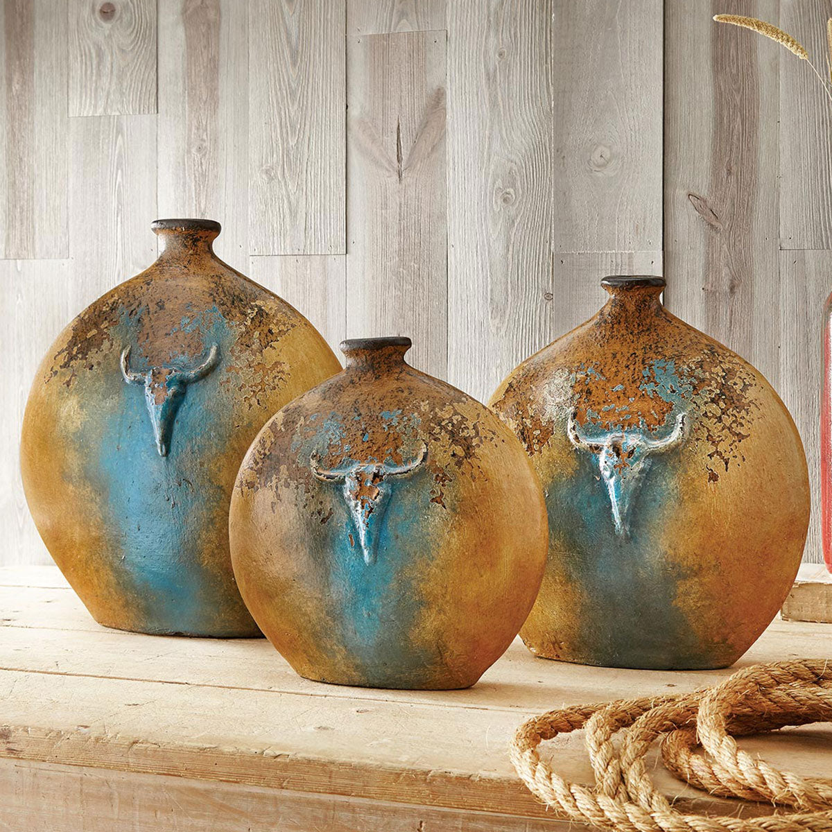 Turquoise Cattle Ranch Pottery Vases - Set of 3