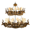 Small Stag Head Two Tier 15-Light Chandelier - Faux Leather Shades