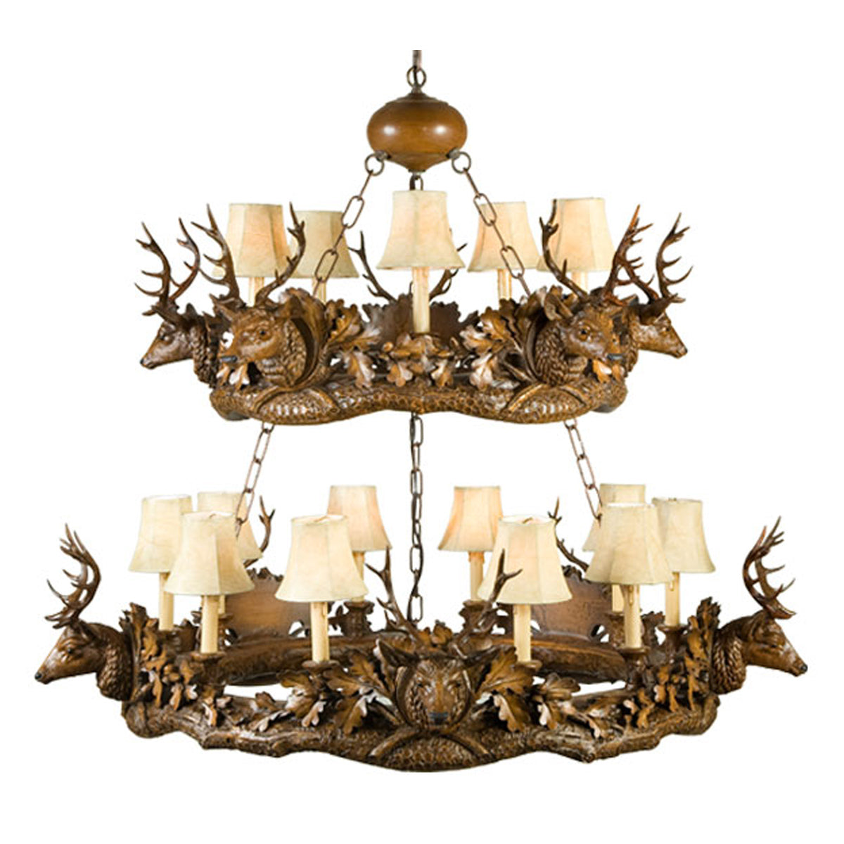 Small Stag Head Two Tier 15-Light Chandelier - Faux Leather Shades