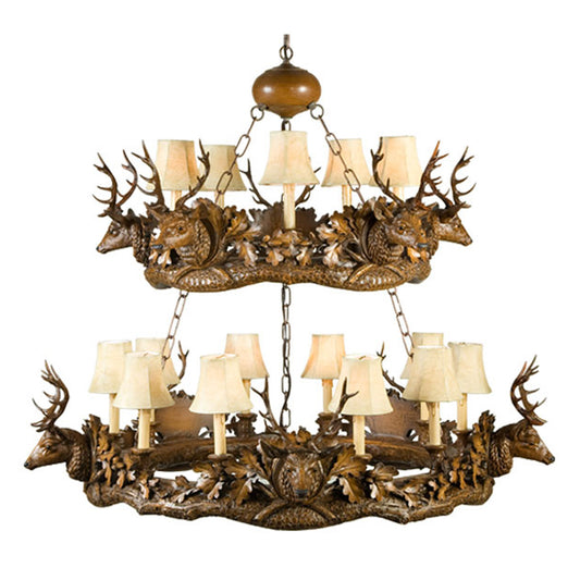 Small Stag Head Two Tier 15-Light Chandelier - Faux Leather Shades