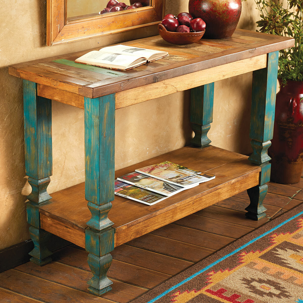Turquoise Hall Table Old Wood Turquoise Console Table | Black Forest Decor