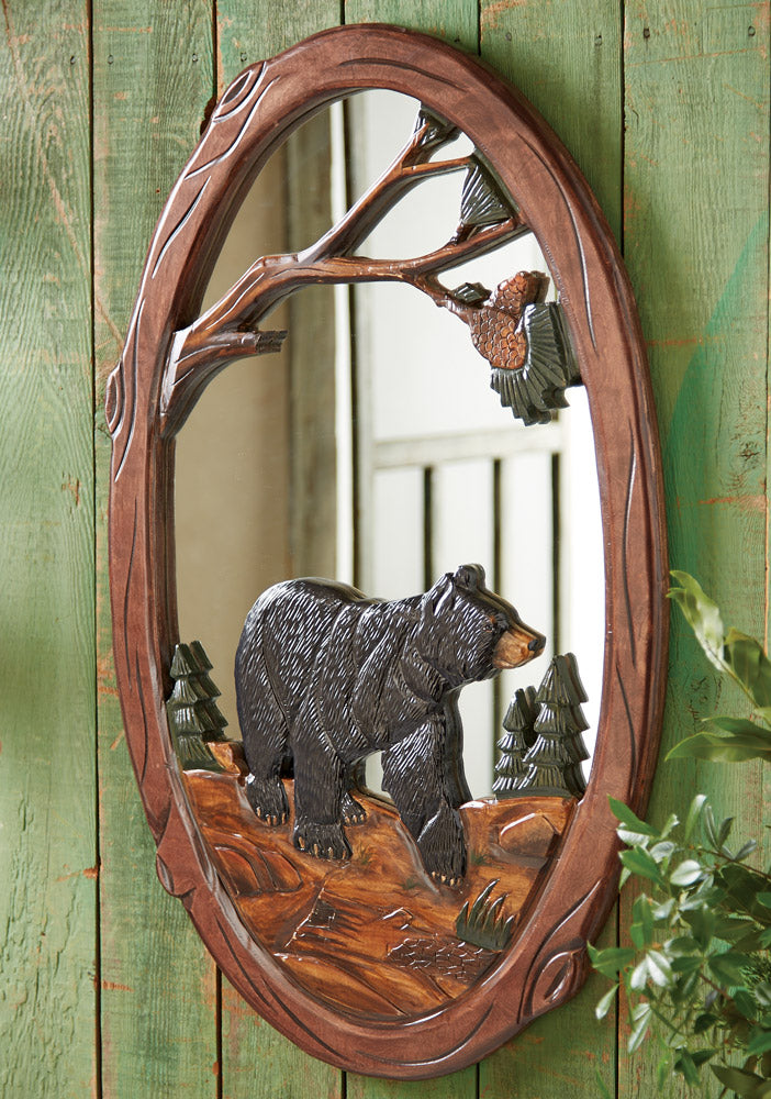 Black Bear Carved Wood Mirror - OUT OF STOCK UNTIL 08/19/2026