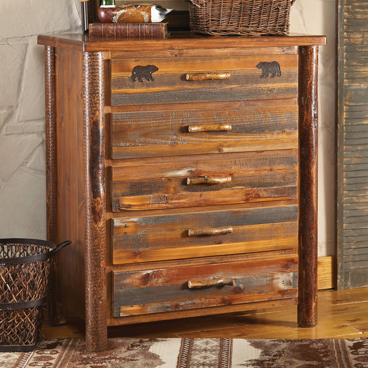 Pine Crest Bear Log 5 Drawer Chest