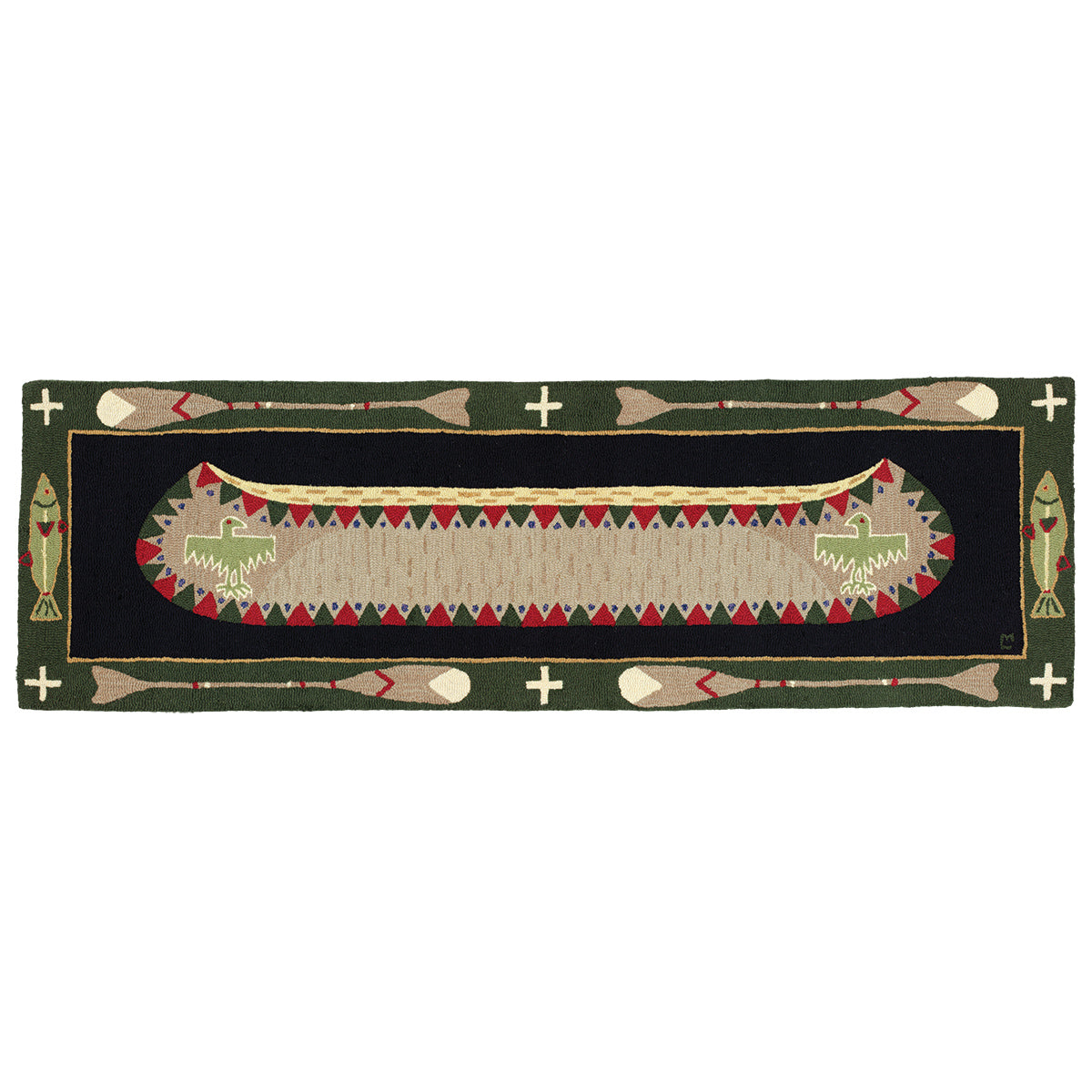 Green Longboat Hooked Wool Rug - 3 x 8