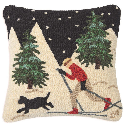 Starry Sky Skier Hooked Wool Pillow